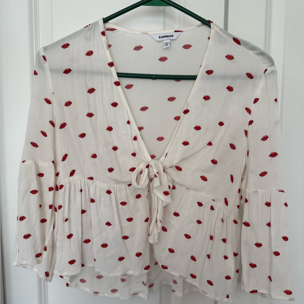 Express Women's Cream Blouse with Red Lips Pattern